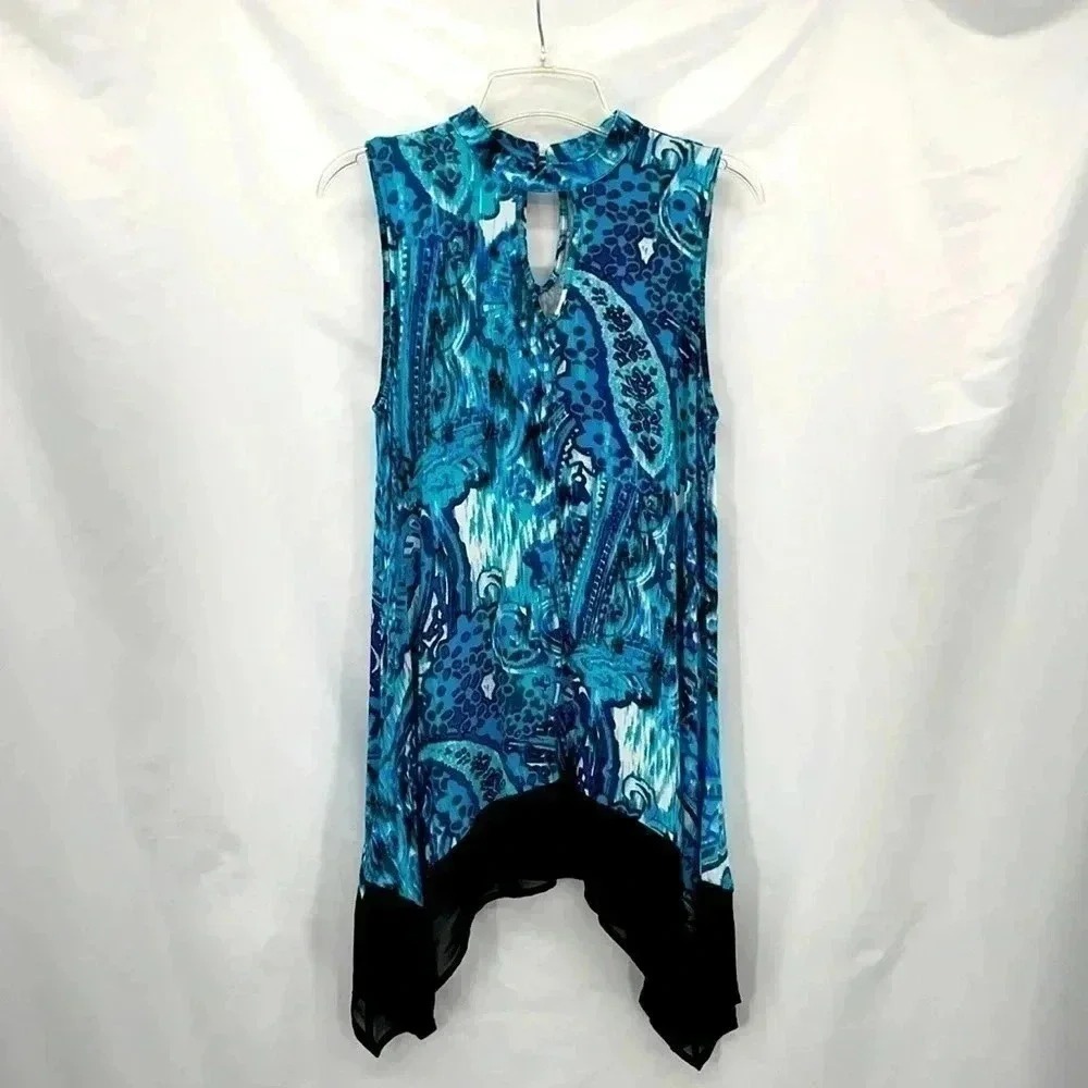 Unbranded Paisley Tunic Top Women Small Blue Sleeveless Handkerchief Hem Keyhole